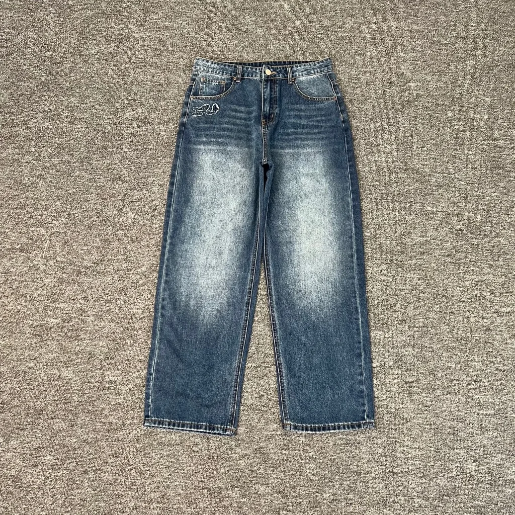 Pantalones vaqueros Retro destridos, corte holgado, bordado, Fi Pond Bear, cintura alta, cierre de cremallera, ropa informal de otoño para jóvenes