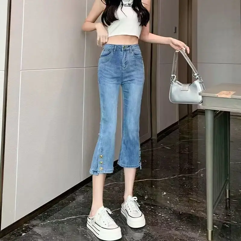 Women's High Waist Split Hem Flare Jeans 2026 Summer Thin Denim Pants Petite Bell Bottoms Ankle Length Streetwear