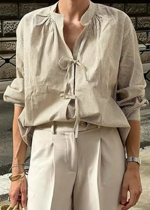 2025 أنيقة جديدة الخريف والشتاء مخطط الصدر التعادل الخامس الرقبة قميص غير رسمي وكسول بلايز الملابس النسائية #5