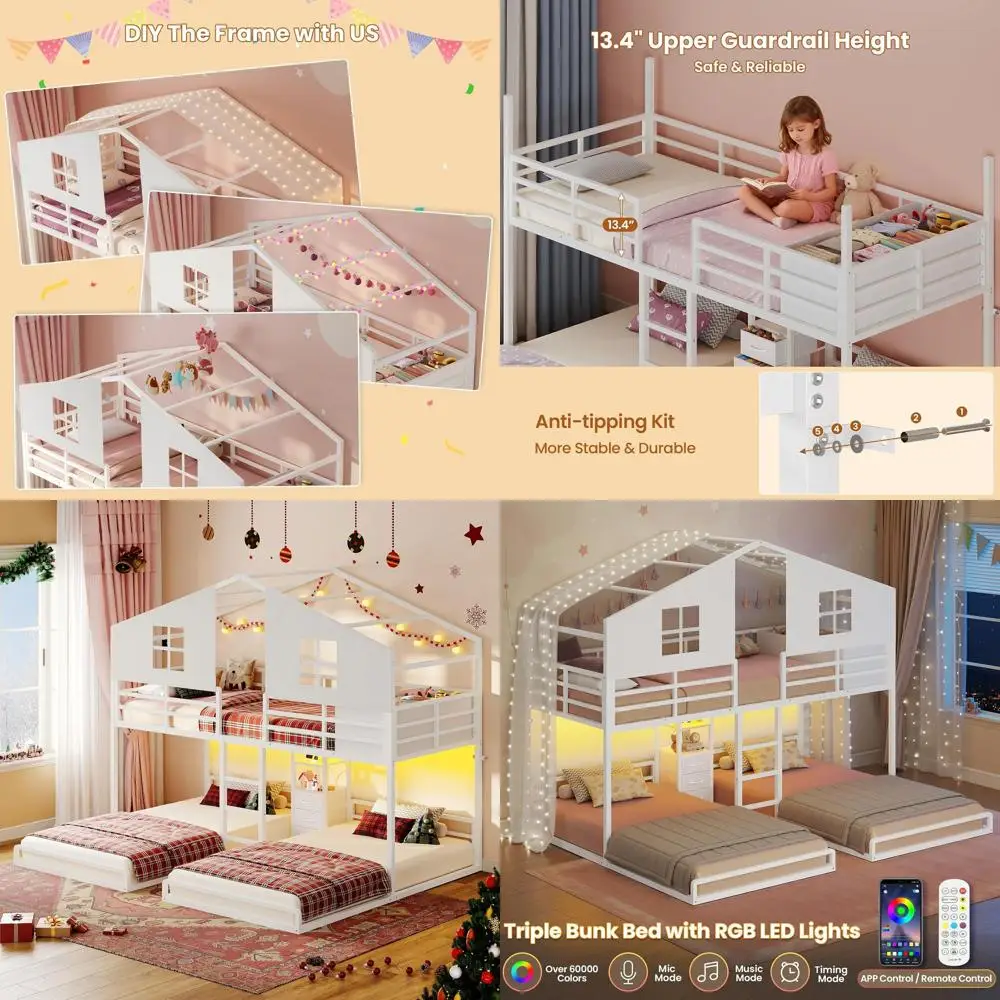 

Twin Size Metal Bunk Bed with Playhouse, Storage Drawers, Charging Station, LED Lights, and Safety Rail