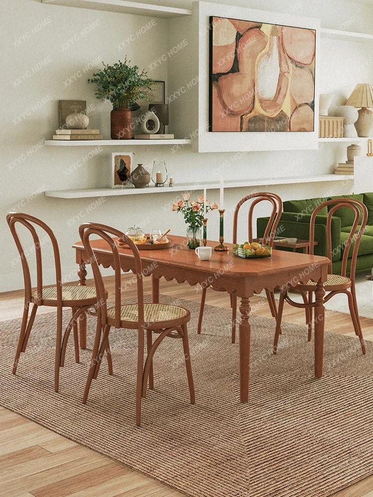 French Style Solid Wood Western-Style Dining Table Rectangular Small Apartment Retro Table and Chair Combination