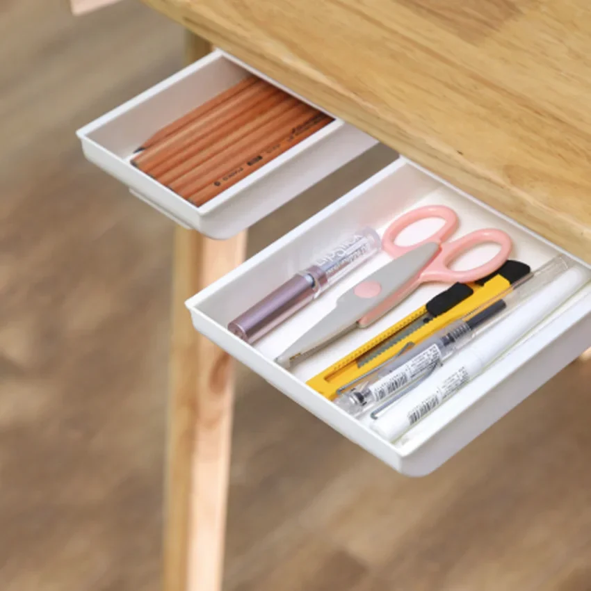 1PC Self Stick Pencil Tray Under Desk Drawer Organizer Table Storage Organizer Boxes