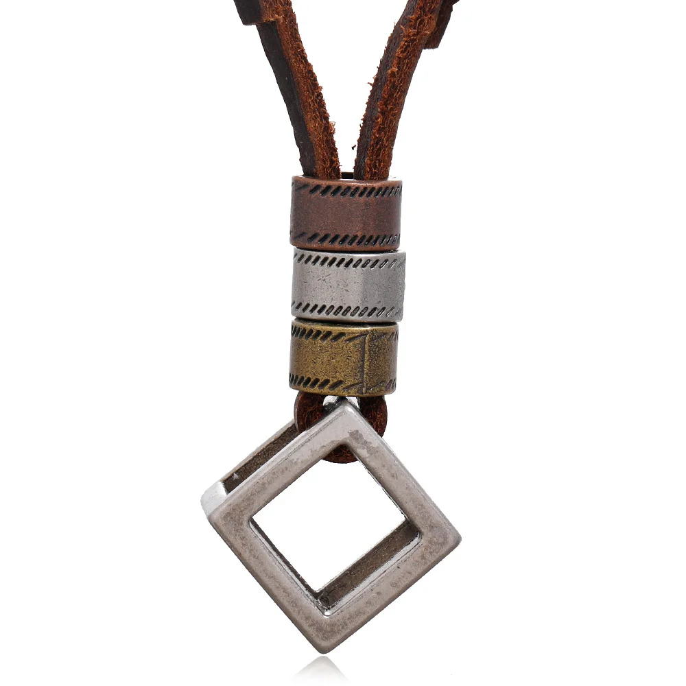 Man Genuine Leather Men Necklaces Hollow Square Pendants Punk Vintage Adjustable Brown Rope Chain Male Jewelry Mens Jewellery