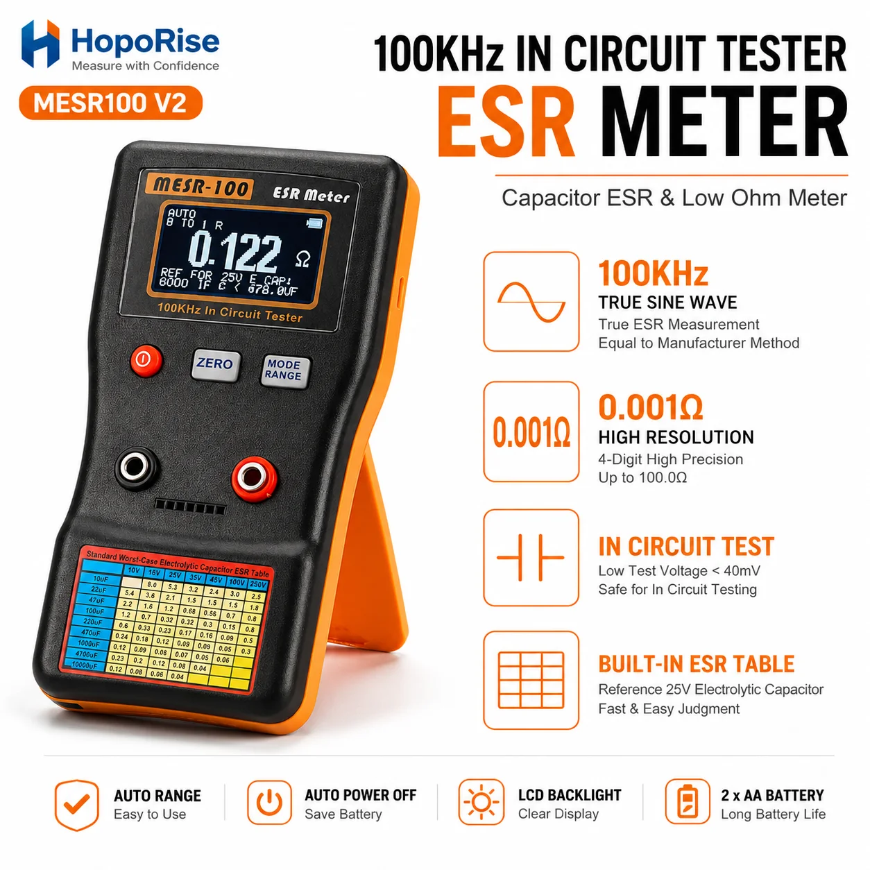 Digital Capacitor ESR Meter 0.001-100Ω Low Ohm Tester 100kHz Sine Wave Auto Range In-Circuit for PCB Repair