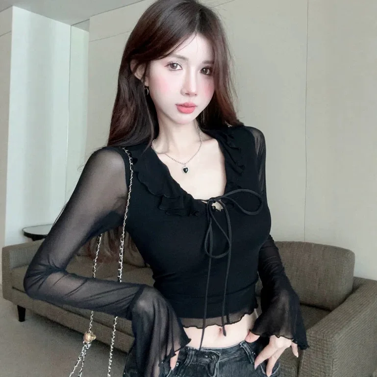 Sexy Long Sleeve T-Shirt Women's Pure Desire V-neck Ruffle Lace Mesh See-through Base Spring Autumn Bell Sleeve T-shirt