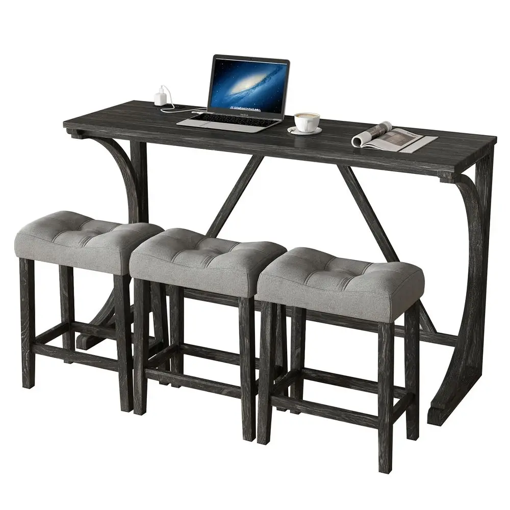 

Piece Bar Table Set with Power Outlet, 59 Dining Bar Table and Chairs Set, Industrial Breakfast Table with 3 Padded Stools for