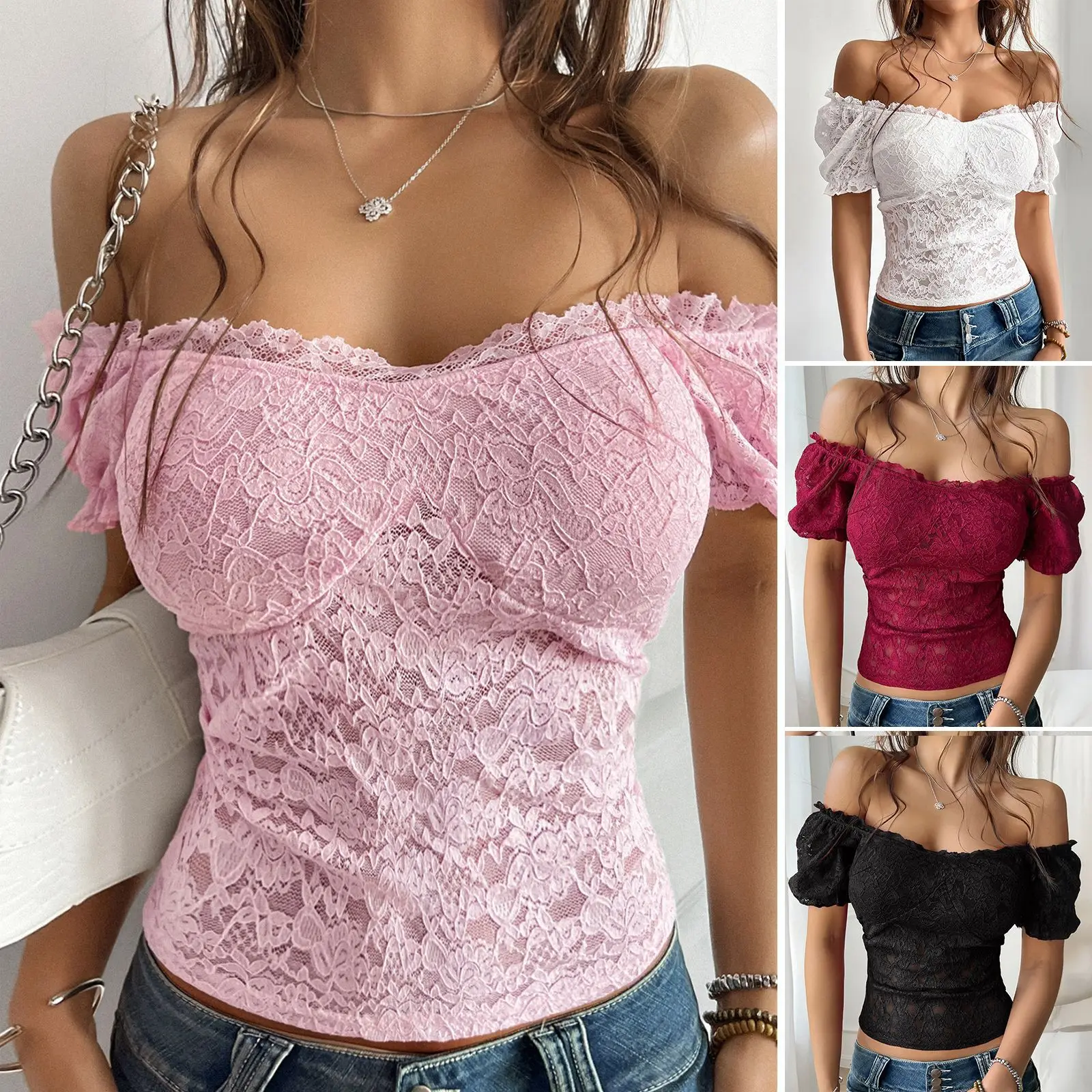 

Lace Top for Women Sexy Crop Tops Slim Fit Slash Neck Off Shoulder Hollow Out Backless Puff Sleeve 2025 Summer Female Tees