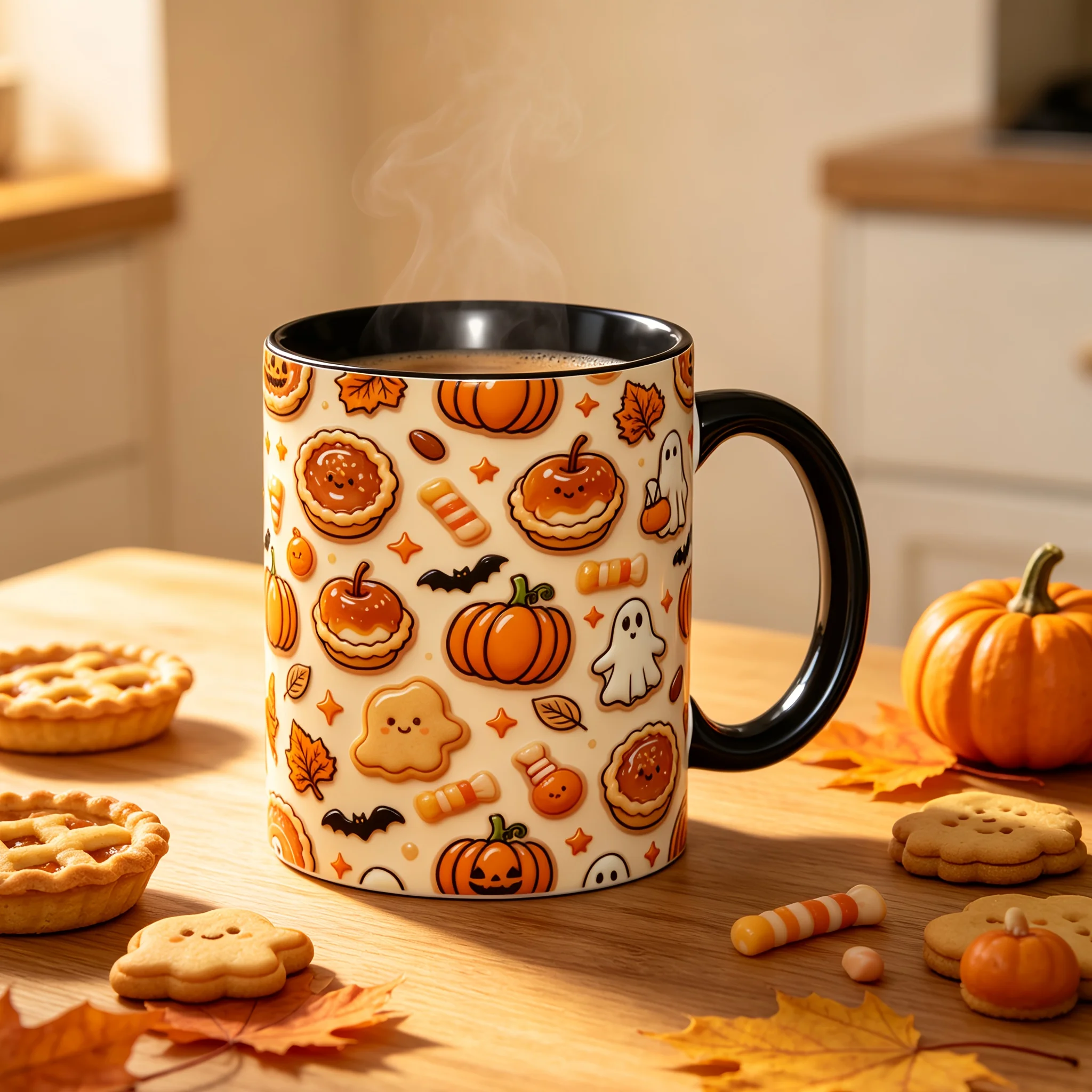 1pc Cute Suitable for & Office Ceramic Coffee Mug with Rim & Handle - Simulated 3D Autumn Halloween Mug Suitable for Pumpkin,, Bat, Candy Pie, Dishwasher for Tea/Coffee, Gift for Fall, 2D Flat