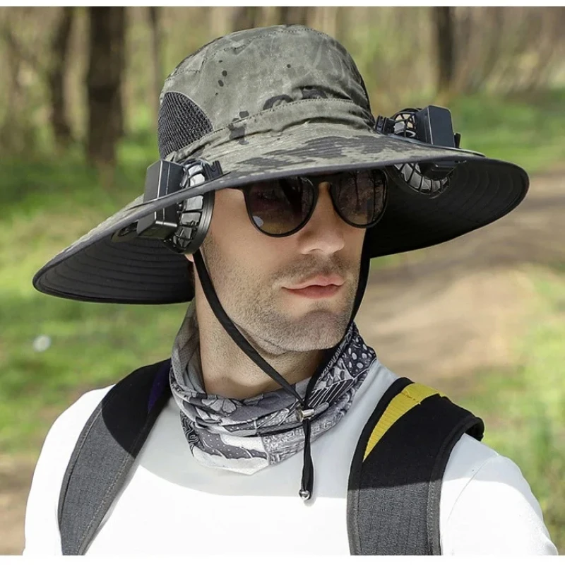 

Шляпа рыбака на солнечной батарее с двумя вентиляторами, летняя Водонепроницаемая шляпа с большими полями, уличное охлаждающее оборудование