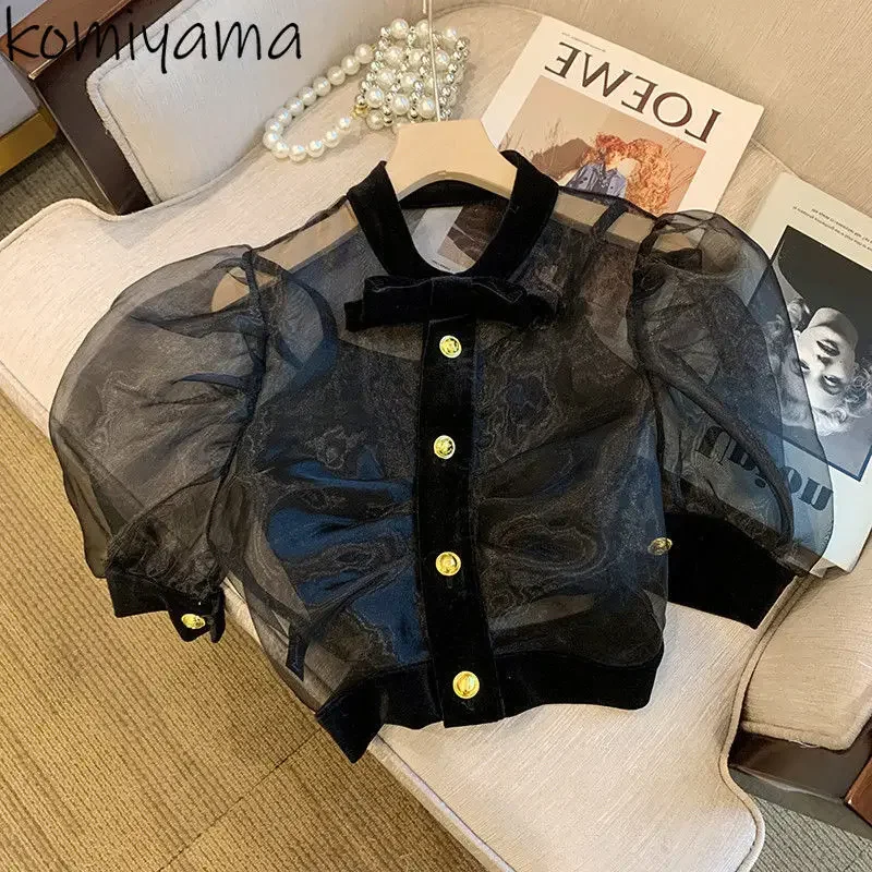 Metal Buttons Blusas Mujer O-neck Bow Shirts & Blouses Organza Short Sleeve Camisas 2025 Spring Women Clothing Ropa Mujer