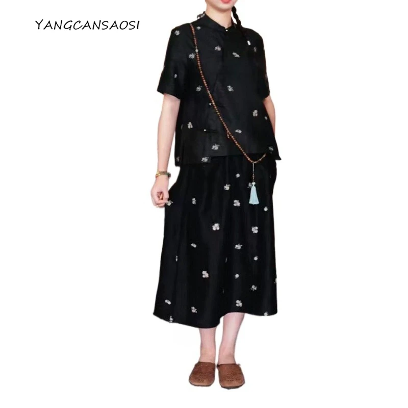 

Women's Autumn New Black Embroidered Elastic Waist Heavy Duty Embroidered 100% Natural Mulberry Silk Fragrant Cloud Yarn Skirt