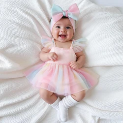 Ylsteed Newborn Girl Photography Props Rainbow Baby Girl Gradient Color Romper for Photo Shoot Pleated Skirt Matching Headband