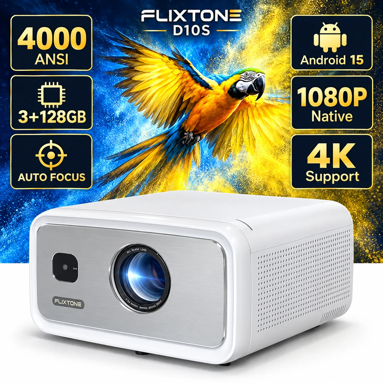 FlixTone D10S 1080P Full HD videoprojector, ondersteunt 4K, groot scherm van 300 inch, ideaal voor thuisbioscoop, films, games en feestjes.