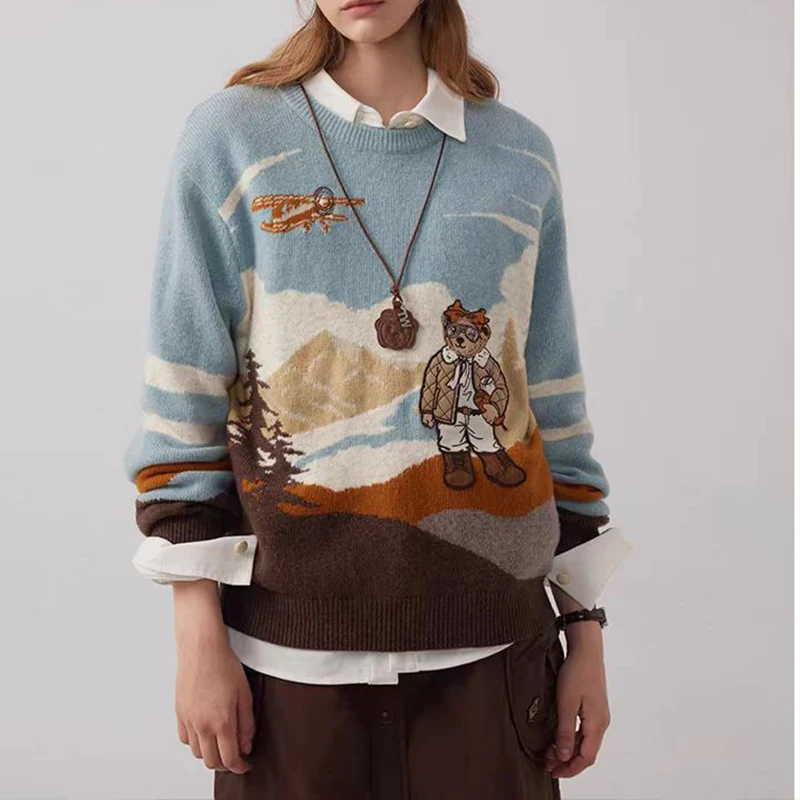 Autumn Cashmere Women\'s Pullover Cute Bear Sweater Stylish Casual Loose Fit O-neck Knit Bear Embroidery Long Sleeve Jumper 2025