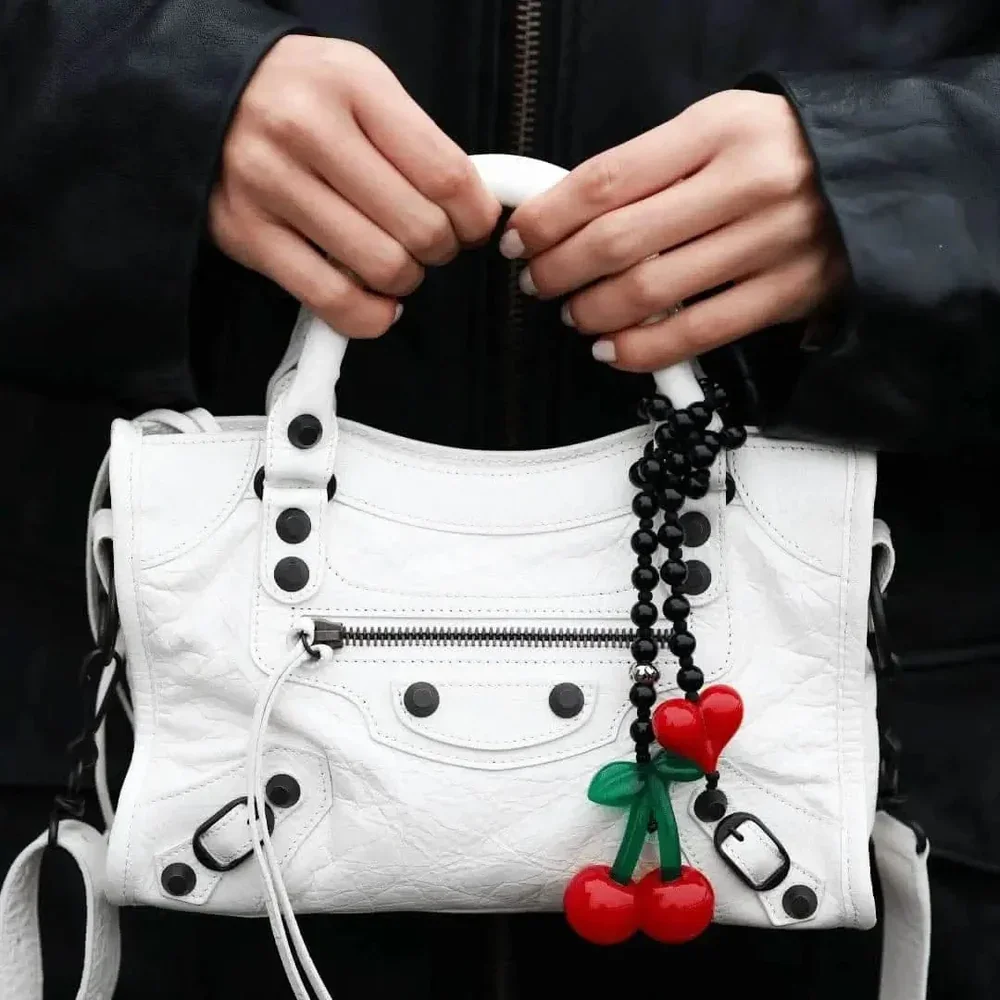 

HERLOOK Cherry Drop Bag Charm Obsidian Stone Bead Chain Heart Pendant Purse Accessory Women Gift Fashion Jewelry
