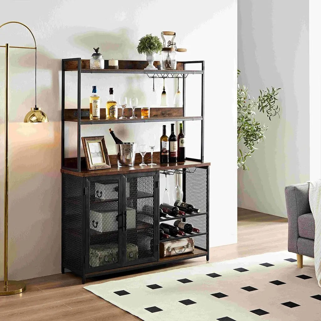3-Tier Bar Cabinet with Power Outlet LED Glass Holder, Industrial Coffee Sideboard for Kitchen Dining Room, Customized