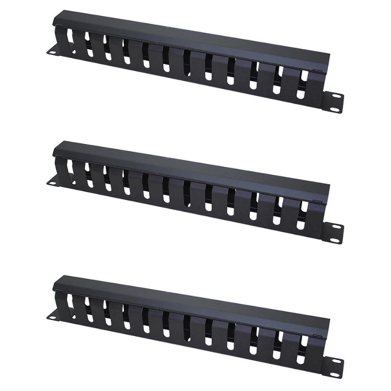 3X 1U Cable Management Horizontal Mount 19 Inch Server Rack , 12 Slot Metal Finger Duct Wire Organizer With Cover