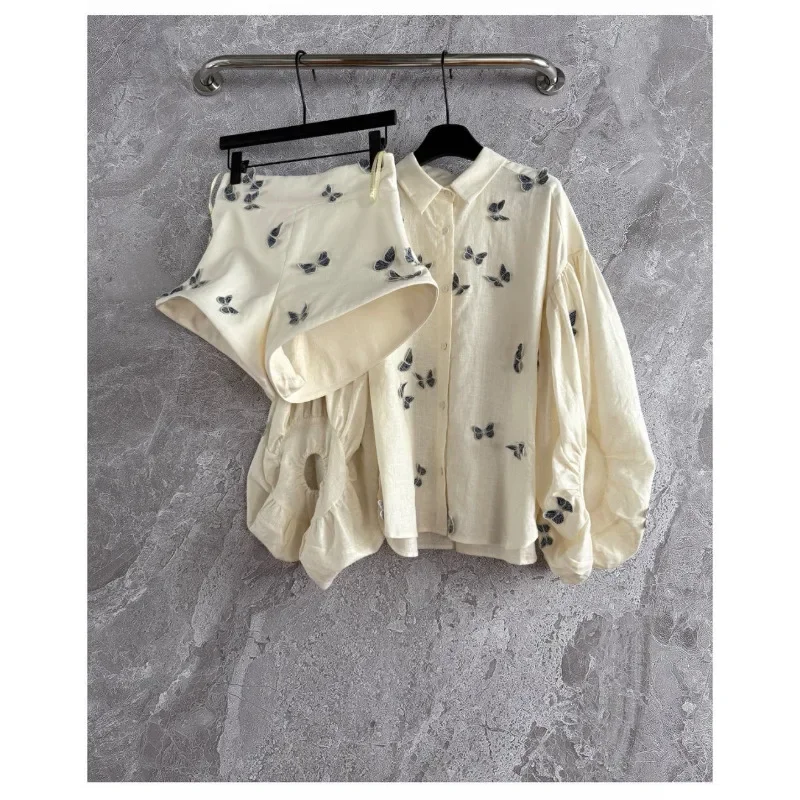 

Women's Beige Long Sleeve Blouse Tops and Shorts Sets 2025 New High Quality Linen