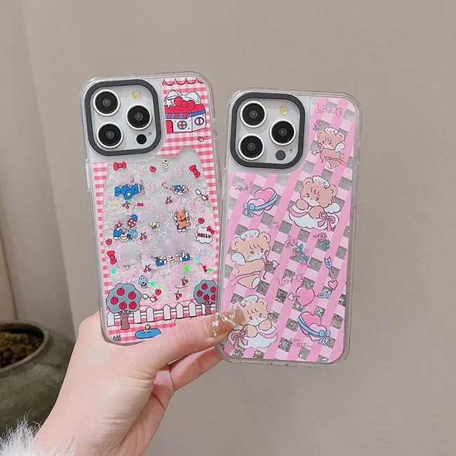 

Cute Checkered Cat Transparent Border Quicksand Phone Case Cover for IPhone 12 13 14 15 Pro Max Case for IPhone 15 Pro