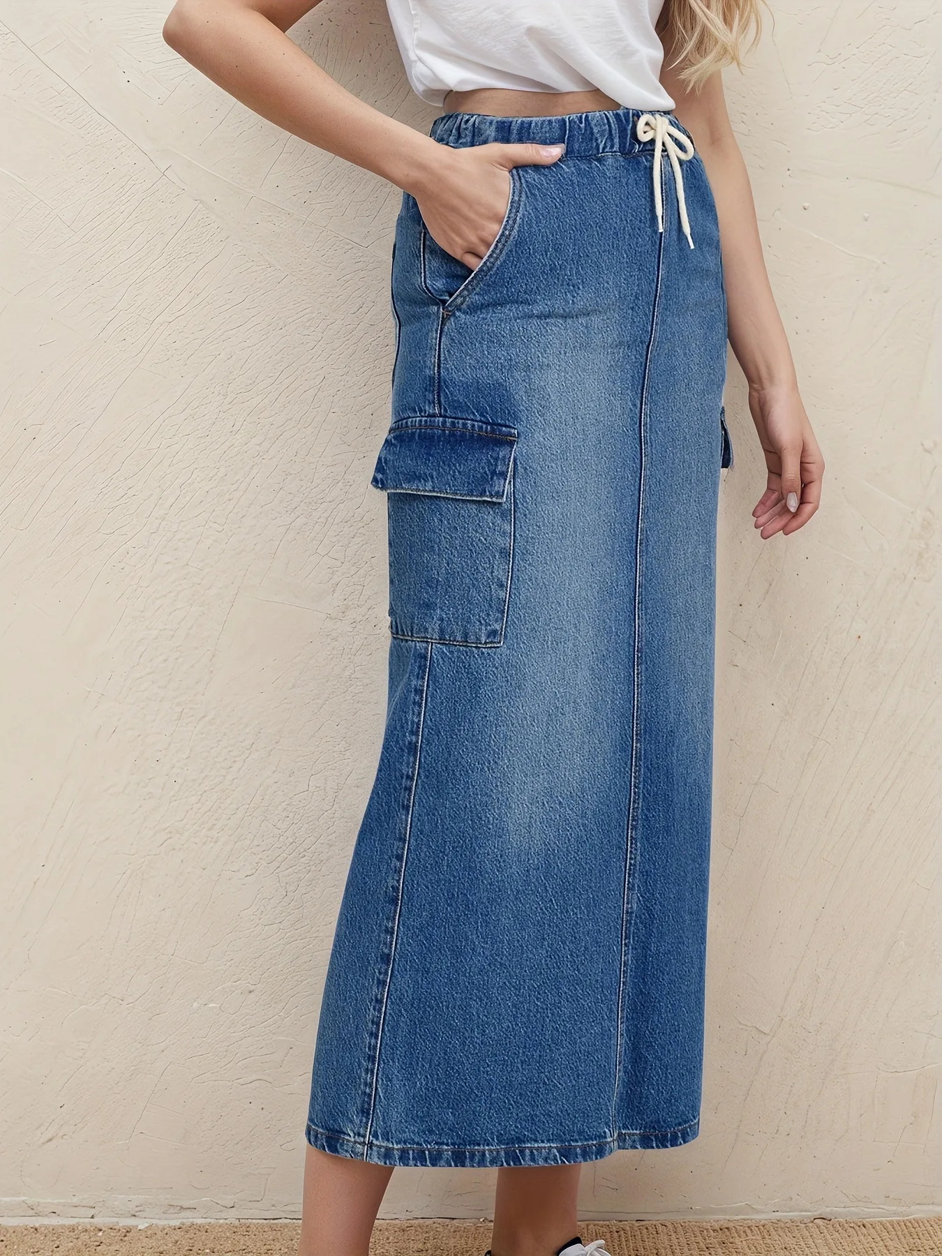 

Autumn New 2025 Women's Denim Skirts Design Rubber Waist Drawstring Elastic Denim Blue Straight Long Skirts