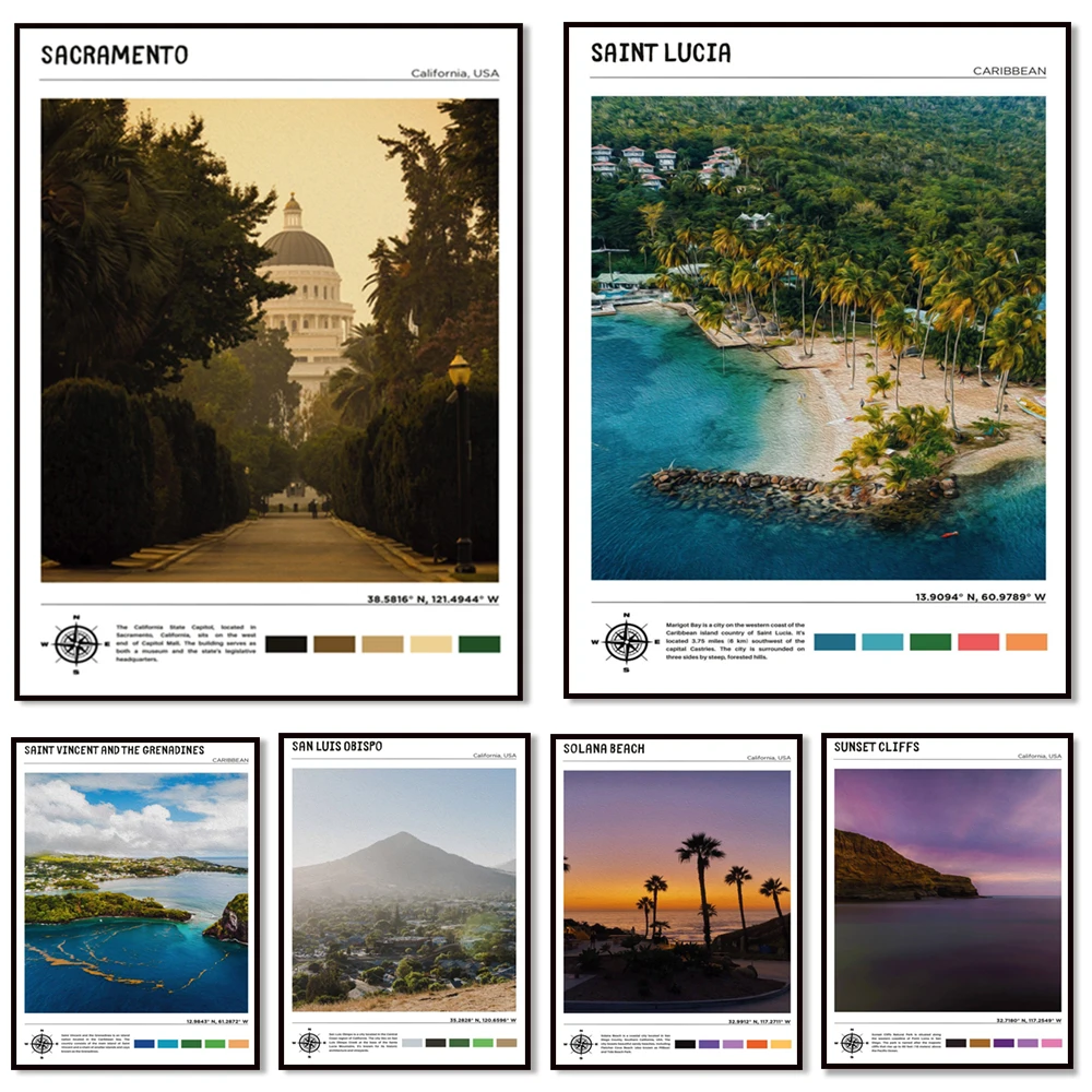 San Luis Obispo, Robles Paso, Stinson Beach, Redondo Beach, San Vicente y las Granadinas, St. Lucia, carteles de viaje de Sacramento