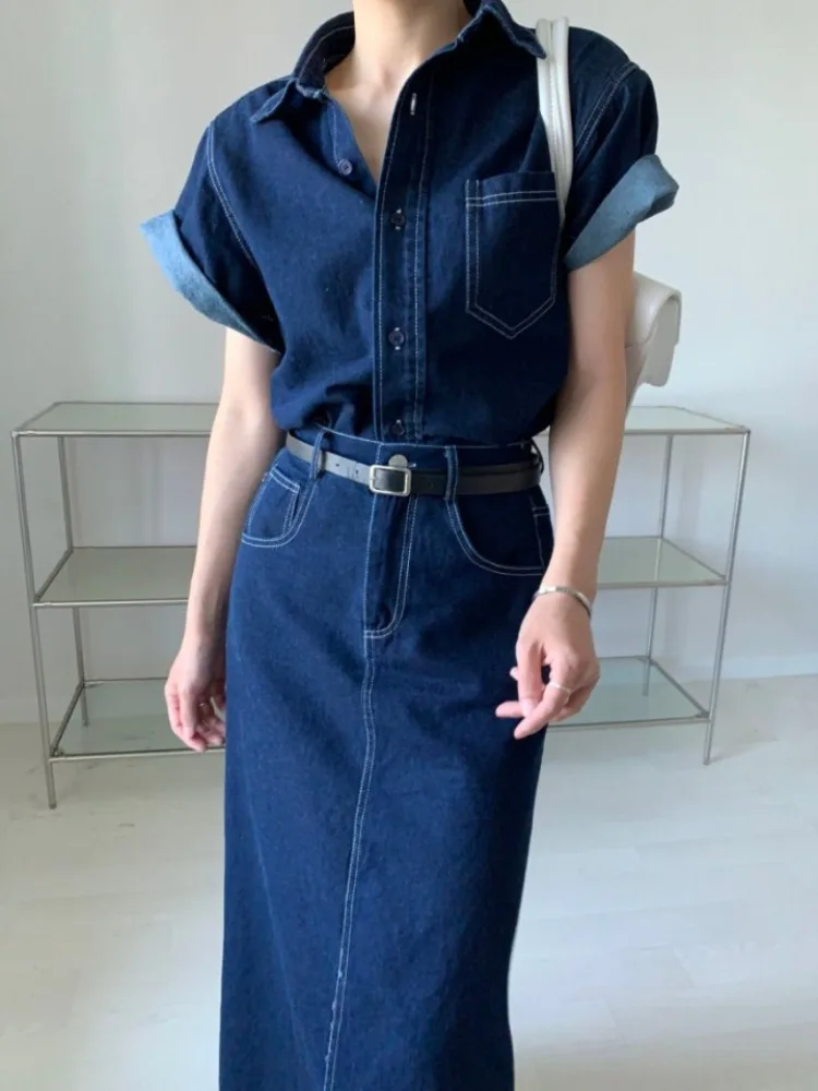 Korean Chic Vintage Lapel Women Dresses Slim Waist with Belt Simple Long Dress Short Sleeve 2024 New Autumn Female Vestidos