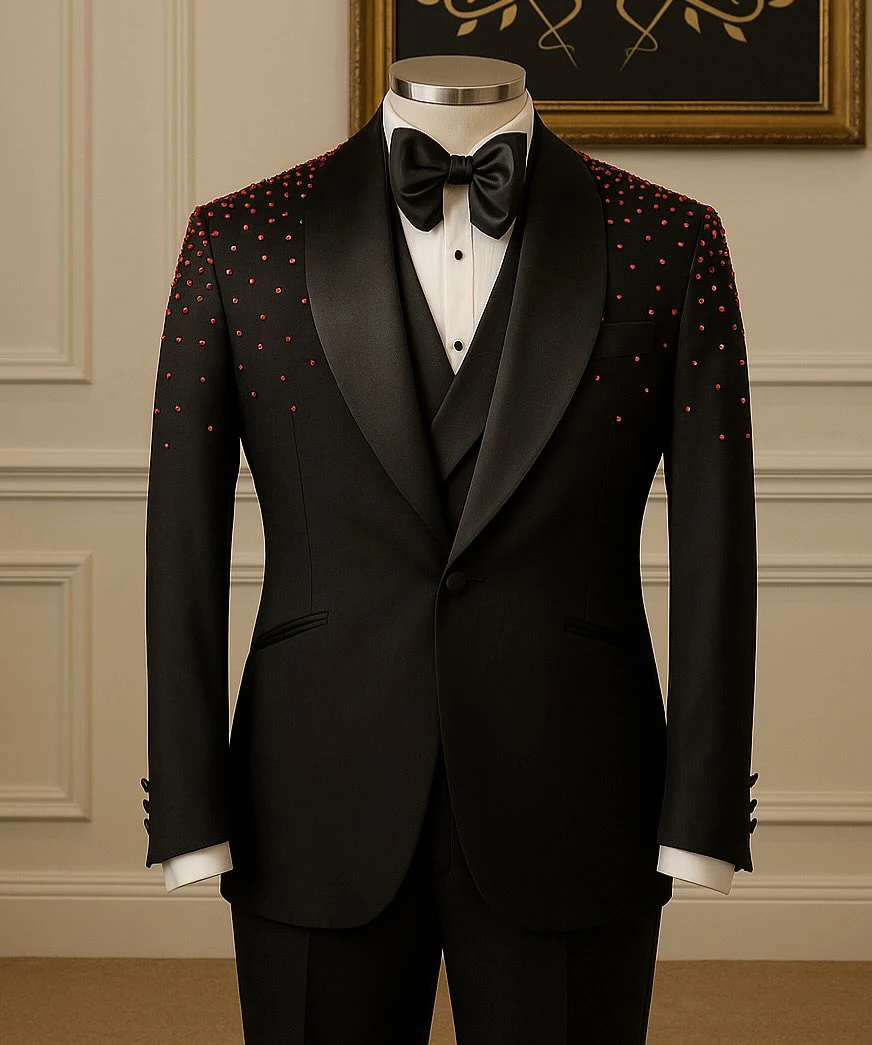الحديثة الرجال البدلة الخرز شال طوق 2 قطعة السترة السراويل جيب مخصص الأعمال ملابس رسمية للحفلات الزفاف العريس زي
