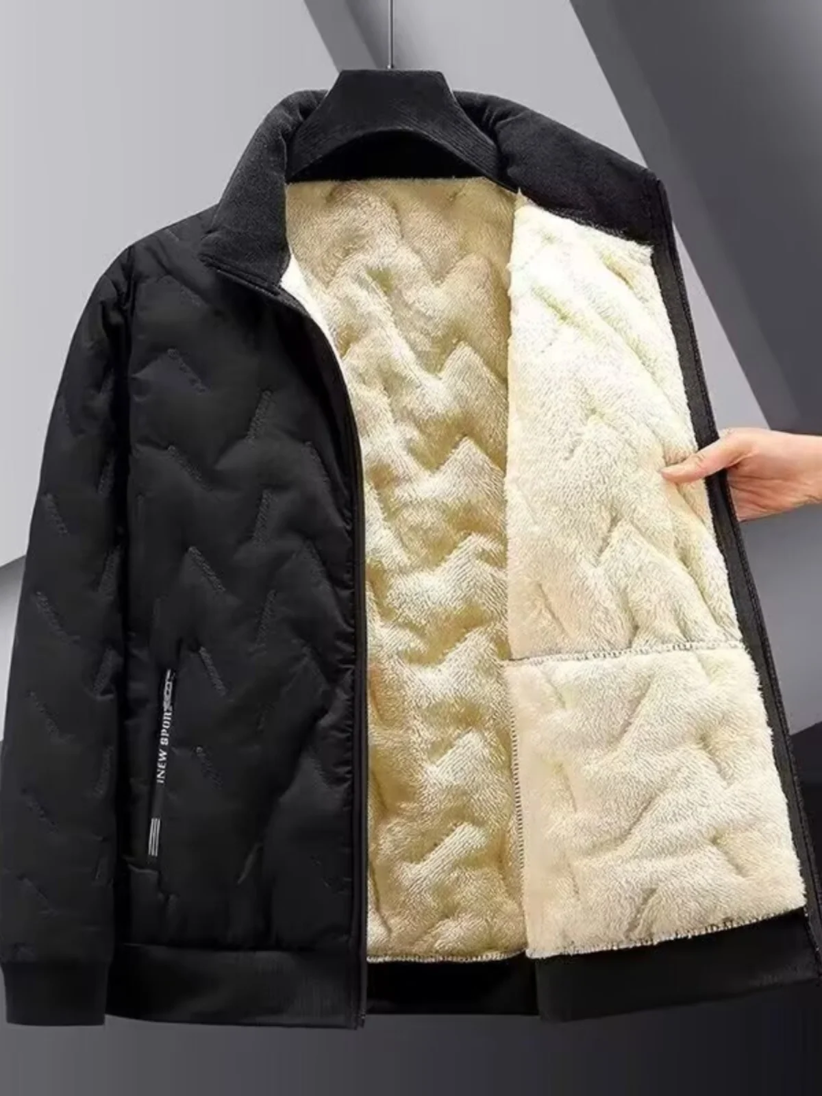 

Men's Cotton Jaet Thiened Fce Lined Loose Fit Zipper Stand Collar Open Cardigan Warm Outerwear Casual Youth Sle