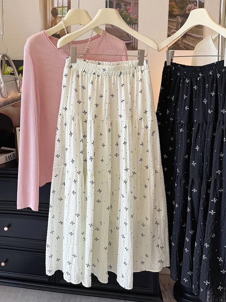 

Korean Style Bow Print Women Skirts 2025 New Summer High Waist A-Line Skirts Female Holiday Loose Casual Skirts