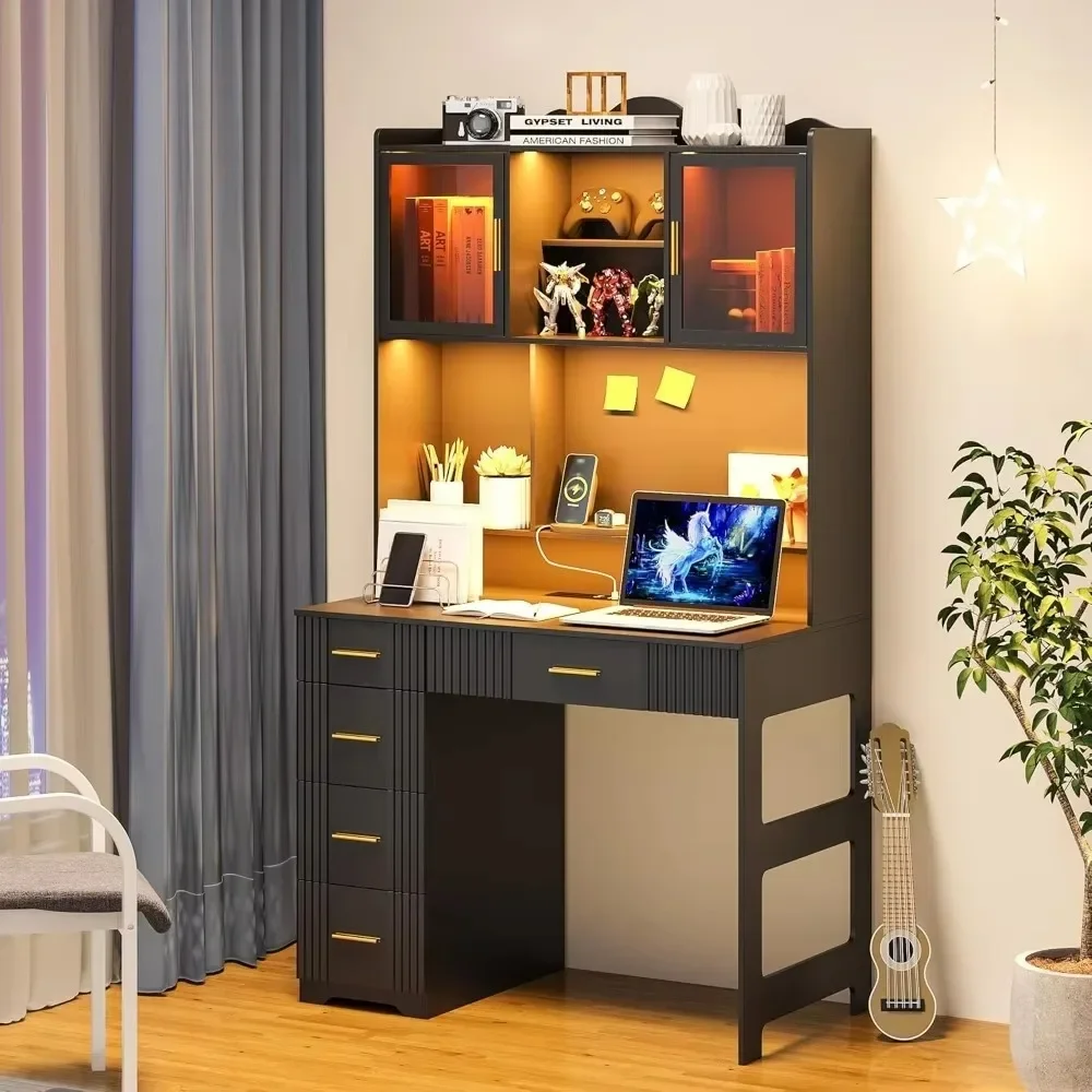 

LED Study Desk with Hutch and Drawer, Home Office Desks with Outlet,Computer Desks with Charging Station,Writing Desk for Bedroo