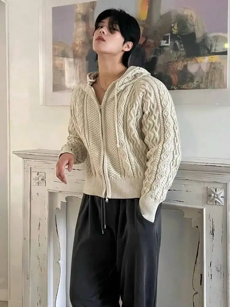 

2025 Winter Korean Style Men's Cardigan Hoodie Solid Color Casual Knitting Tops Zipper Loose Male Hooded Sweaters