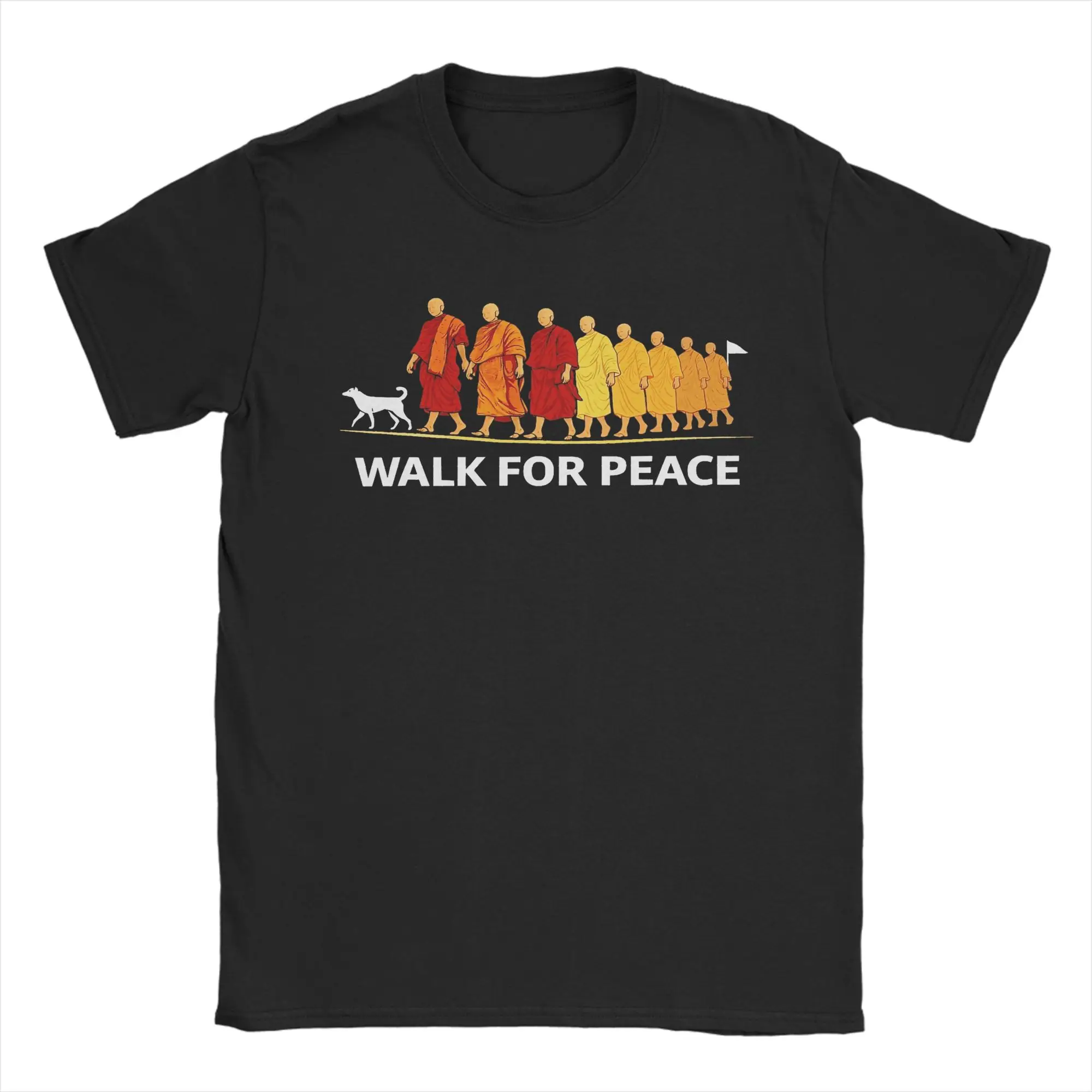 Men's T-Shirt Retro Walk for Peace Monks with Aloka Dog Minimalist Zen Casual Cotton Tee Shirt Crewneck Clothing Gift