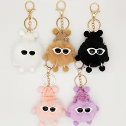 Porte-Clés en Peluche avec Petites Pierres en Forme de Boule, Mignon, Noir, Gris, Rose, Pendentif en Fourrure de Vison, Créatif, pour Sac, Voiture, en Métal, avec Lanière, Cadeau pour Fille et Garçon Amoureux