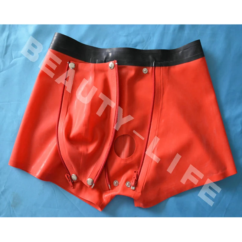 Latex Shorts  Men Boxers  fetish  Underpants Hole with sheath  safe Underwear Handmade Pouch codpiece