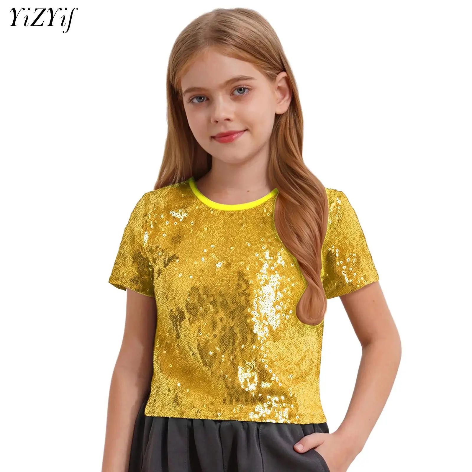 

Boys Girls Shiny Sequins T-shirts Dance Tops Short Sleeve Sparkling Blouse Dancewear for Jazz Hip Hop Modern Dance Performance