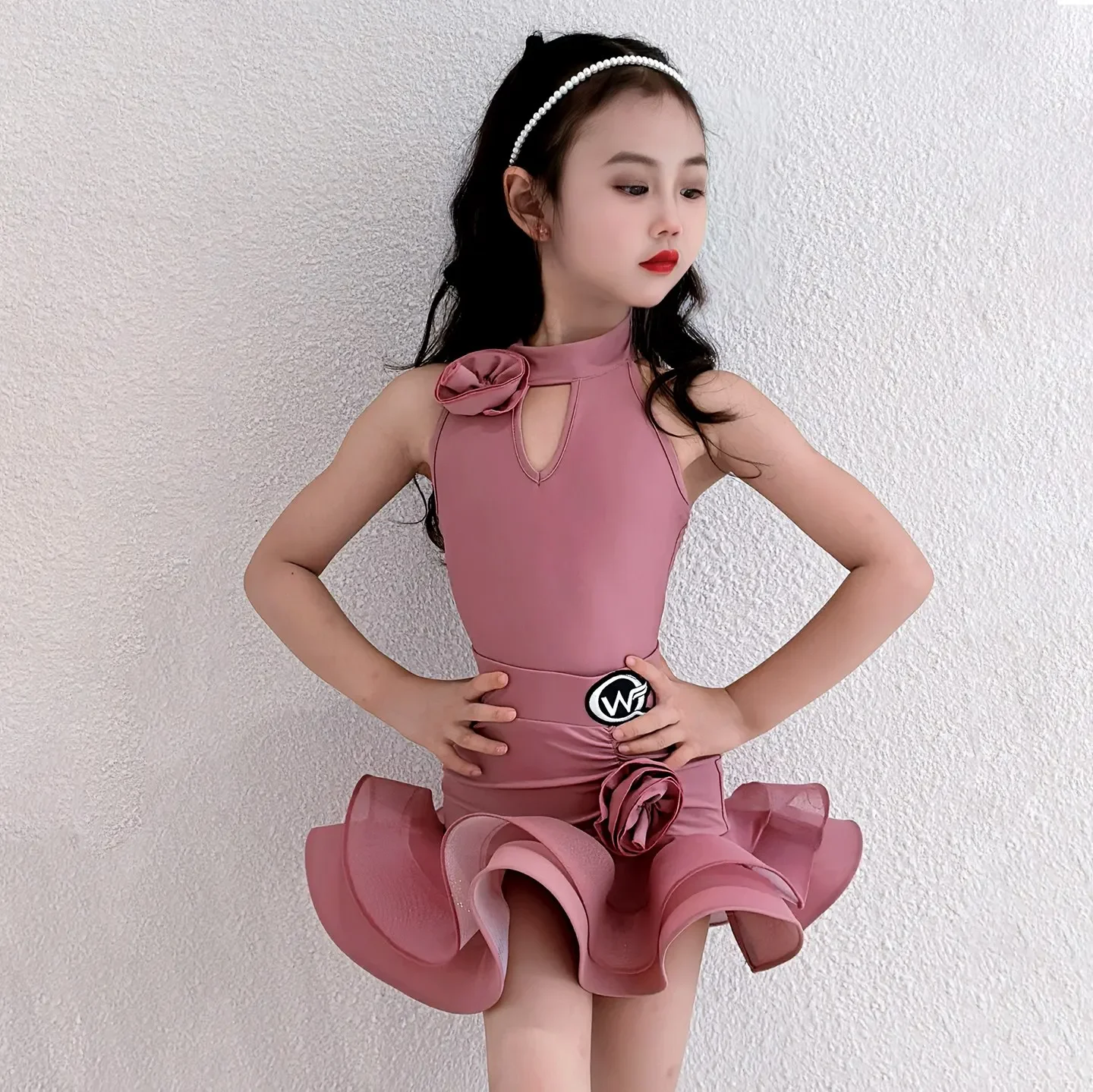 Vestidos de competición de baile latino a la moda, trajes de baile de actuación para niños, vestido de baile latino sin mangas para niñas