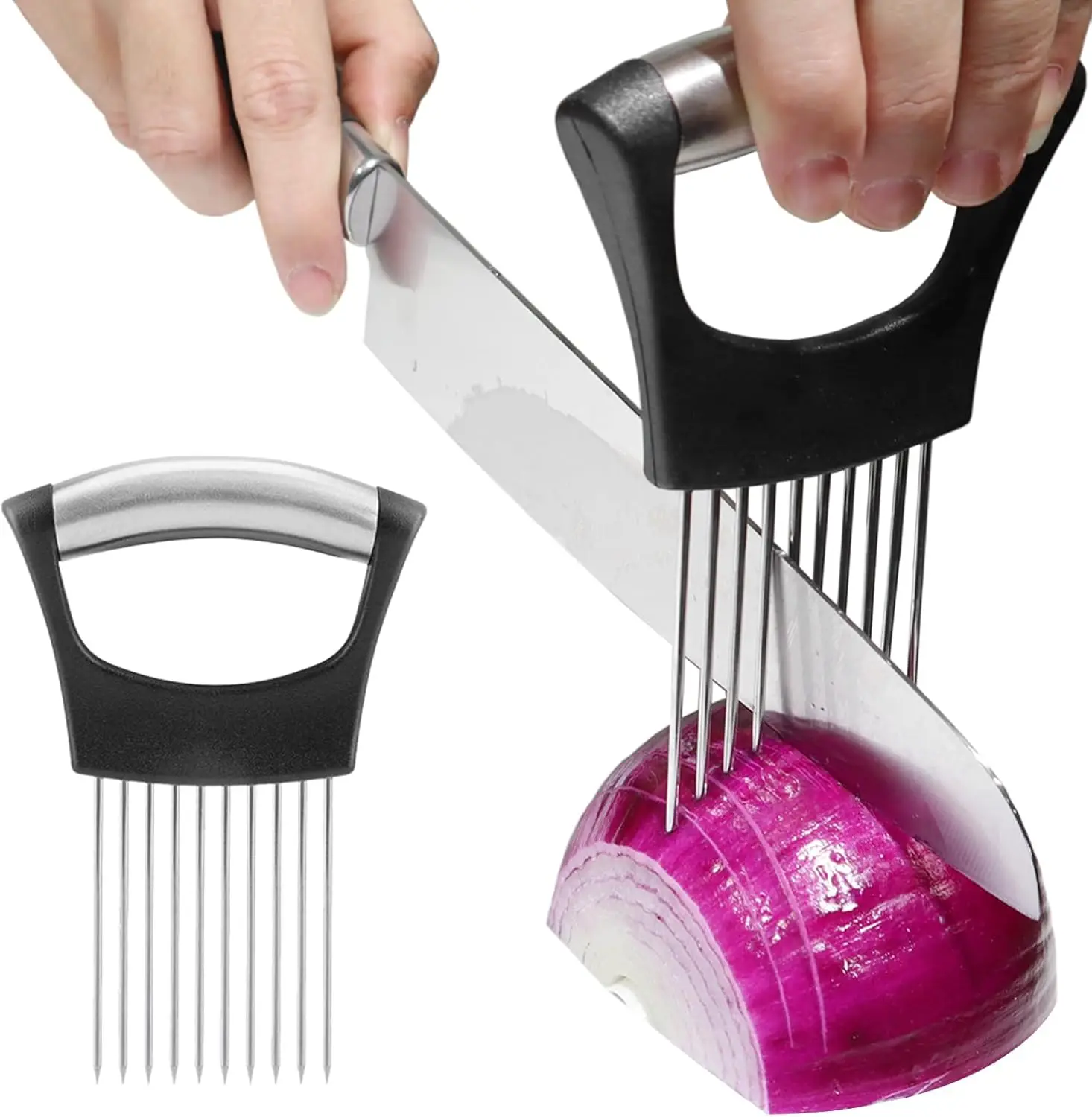 

1pc Stainless Steel Onion Slicer Holder, Multipurpose Meat Tenderizers, Vegetable Potato Tomato Lemon Cutting Tool, Full Grip Ha