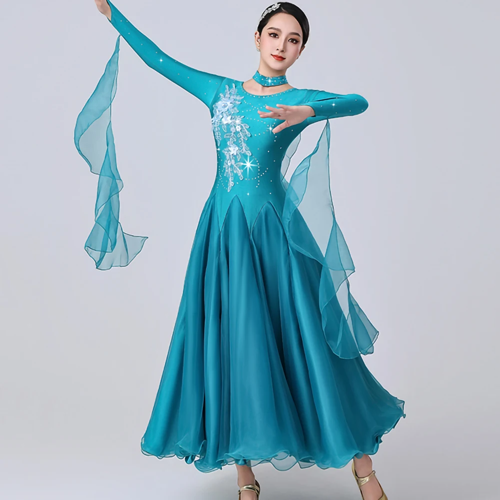 Vestido de competición de baile estándar, calcomanía de baile de salón de manga larga para mujer, vestido ajustado de práctica de baile con cuello redondo y diamantes de imitación