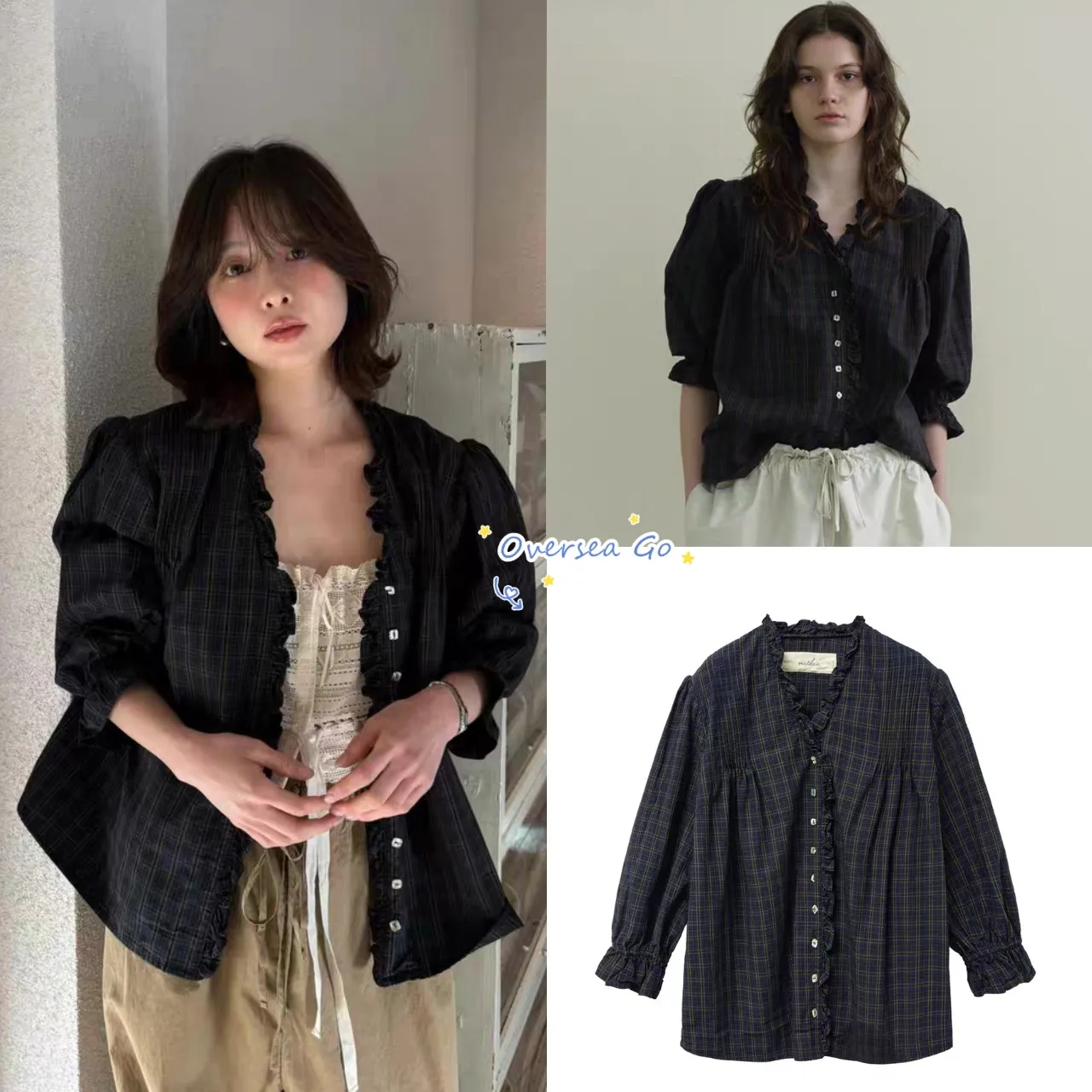 

Viaplain Vintage Plaid Shirt Women's Spring Summer New Style Ruffle Hem Pleated Slimming Cotton Korean Style Office Wear
