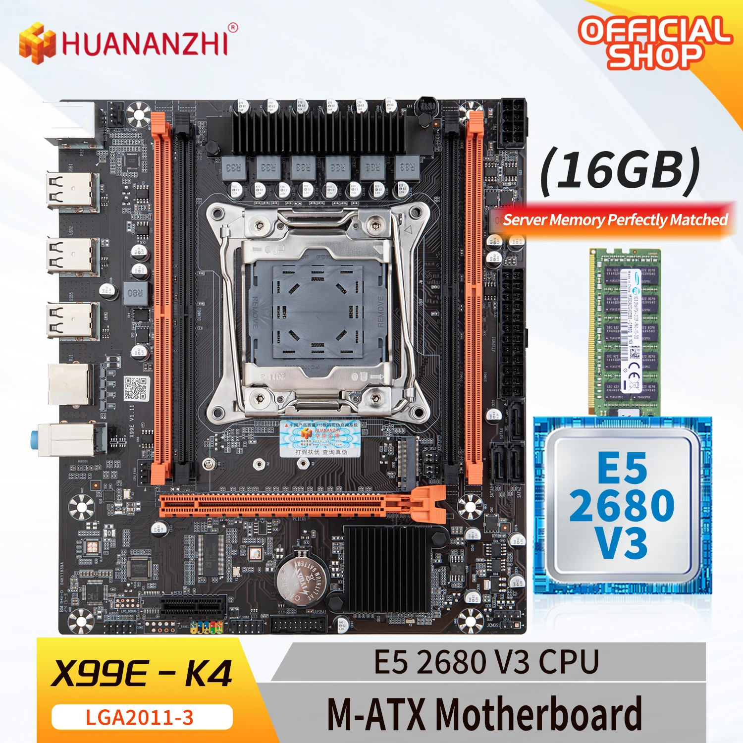 

HUANANZHI X99 E K4 LGA 2011-3 XEON X99 материнская плата с Intel E5 2680 V3 с 1*16G DDR4 ECC память комбинированный комплект M.2 NVME