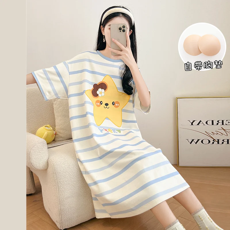 Summer Cartoon Sleepwear Nightgowns Ladies Cute Short-Sleeved Large Size Thin Section College Style Nightgown Homewear잠옷 m-2xl