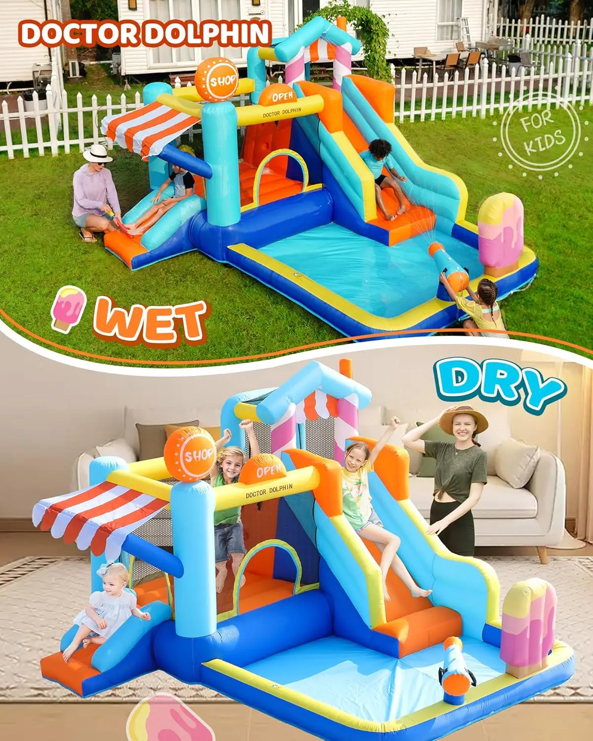 บ้านตีกลับทําให้พองพร้อมสไลเดอร์และเครื่องเป่าลมสําหรับเด็ก, สไลด์คู่กระโดดโกหกพองระเบิดปราสาท Bouncy พร้อมลูกบอล