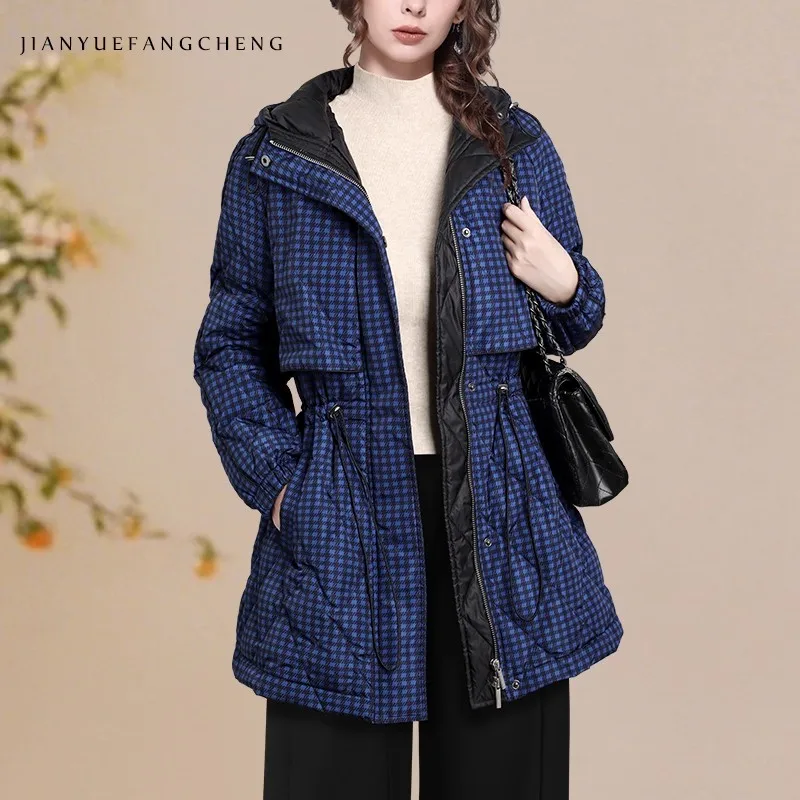 

Women' Long Blue Plaid Down Jacket For Winter Warm Thicken Hooded Windbreaker White Duck Down Padded Puffer Coat Parkas