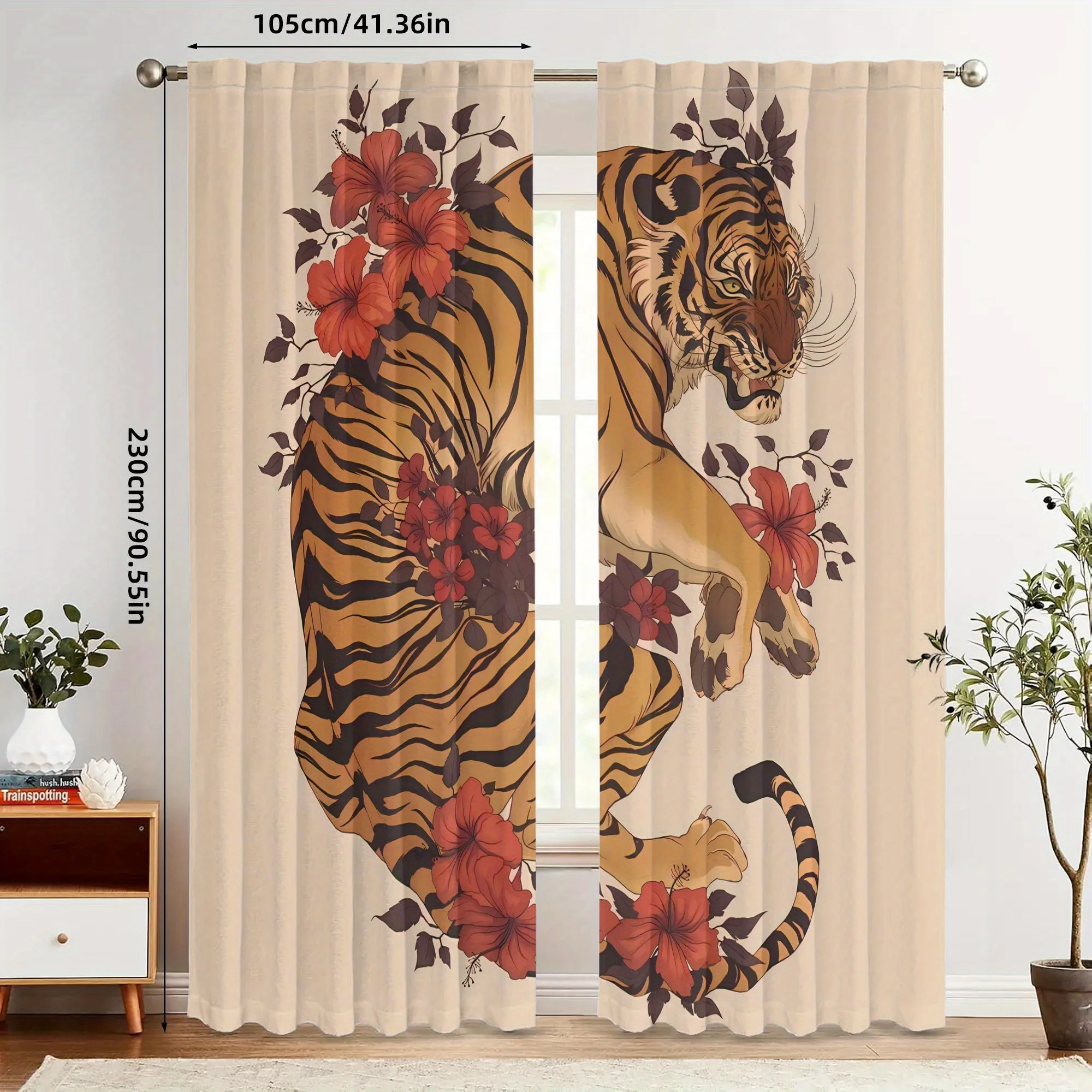 ستارة مطبوعة على شكل نمر عتيق - تصميم أنيق باللونين البيج والبني، قماش تعتيم، جيب قضيب لسهولة التعليق، آلة #6