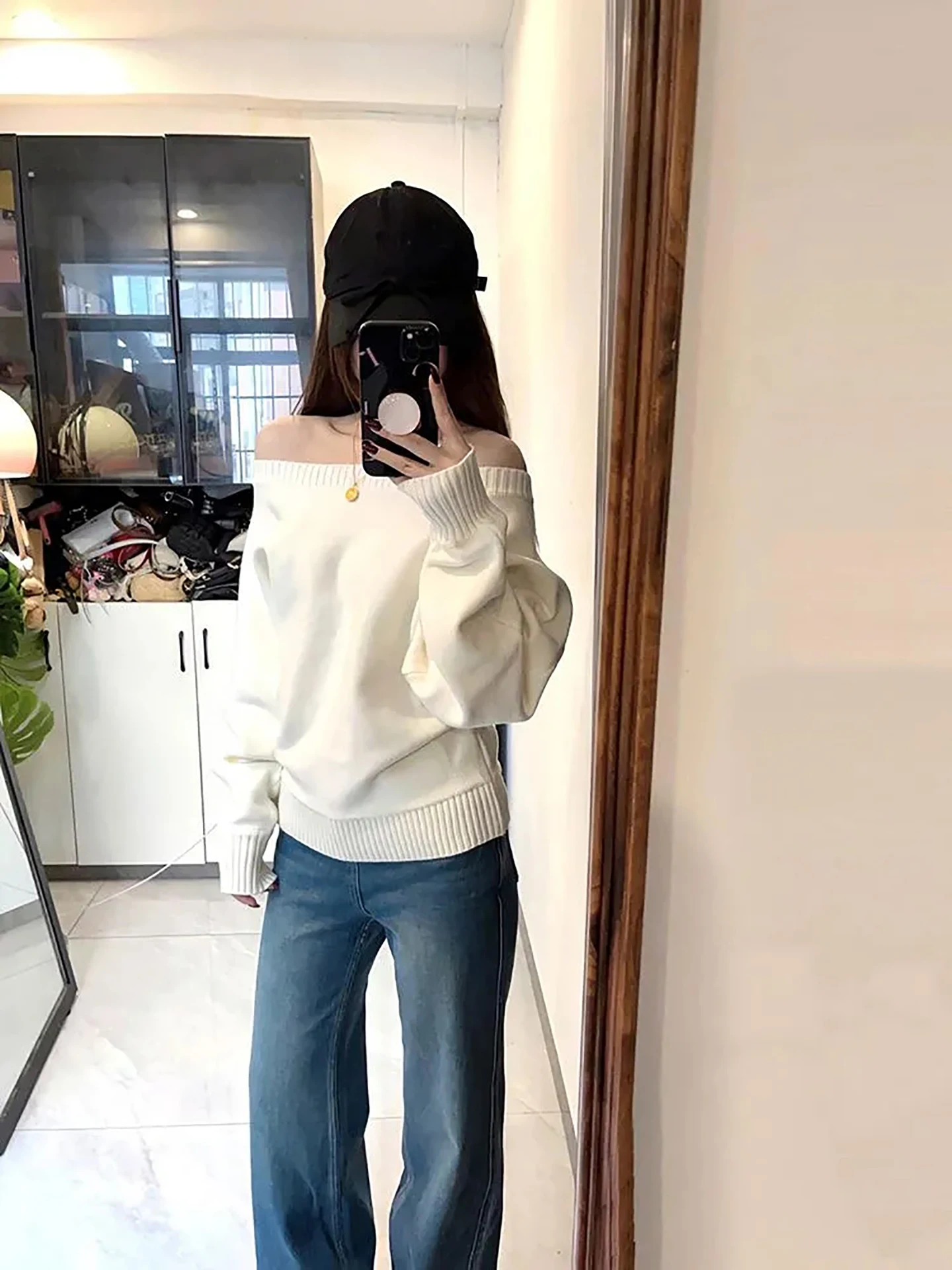 Ele محبوك سترة المرأة oulder Bared فضفاضة تناسب مائل طوق حصيرة Sle تنوعا الخريف الشتاء Faion