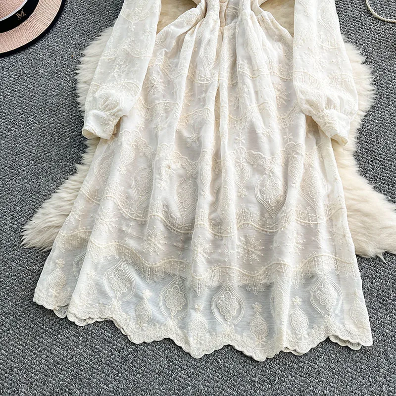 French Elegant Lace Embroidery Women Dress Classic Temperament V-Neck Long Sleeve A-Line Dresses Ladies White Long Dress