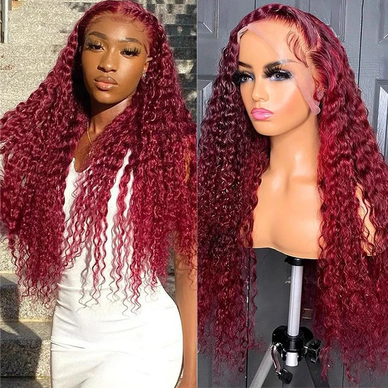 Deep Wave 99J Burgundy Wigs 13x4 Transparent HD Lace Frontal Wigs 13x6 Lace Front Preplucked Red Colored Curly Human Hair Wigs