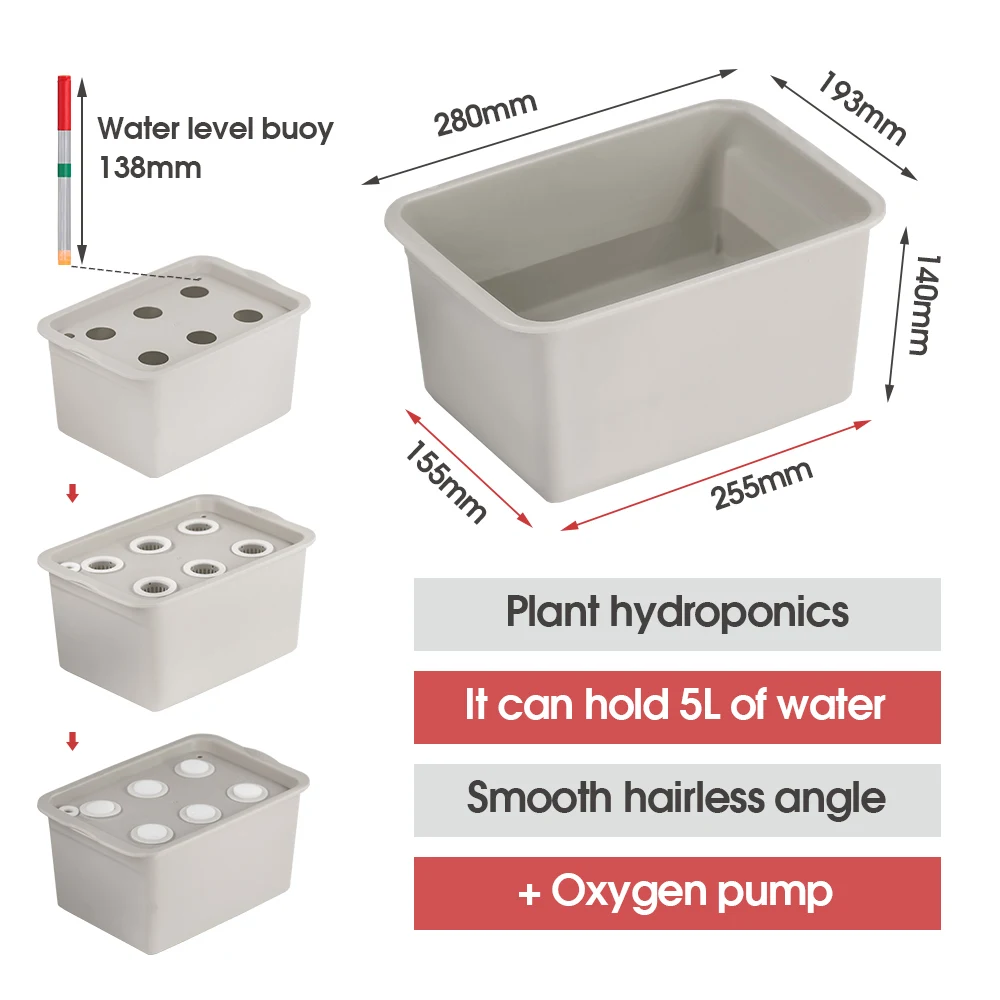 6-Hole 5L Gray Indoor Hydroponic System Soilless Nursery Sponge Nutrient Solution Culture Growth Box Air Pump Automatic Timer