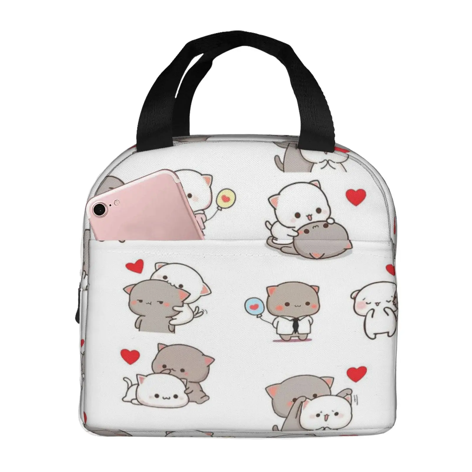 Cute Mochi Peach and Goma Cat Pattern Lunch Tote Bag Insulated Leakproof Lunch Box Container with Front Pocket for Girls Boys