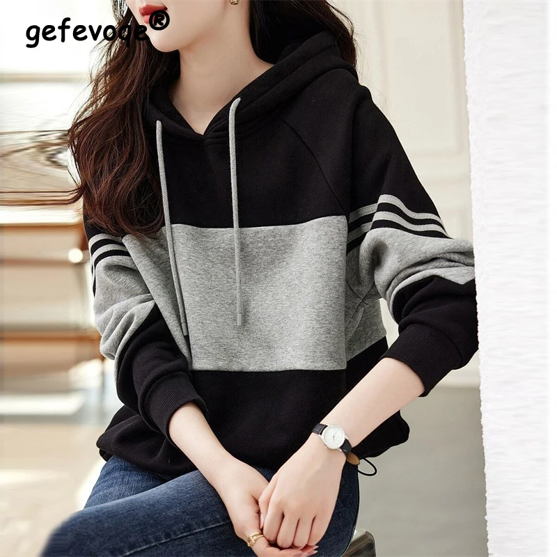 

Women Contrast Color Patchwork Casual Streetwear Oversize Y2K Hooded Sweatshirts Autumn Trendy Long Sleeve Tunic Pullover Hoodie